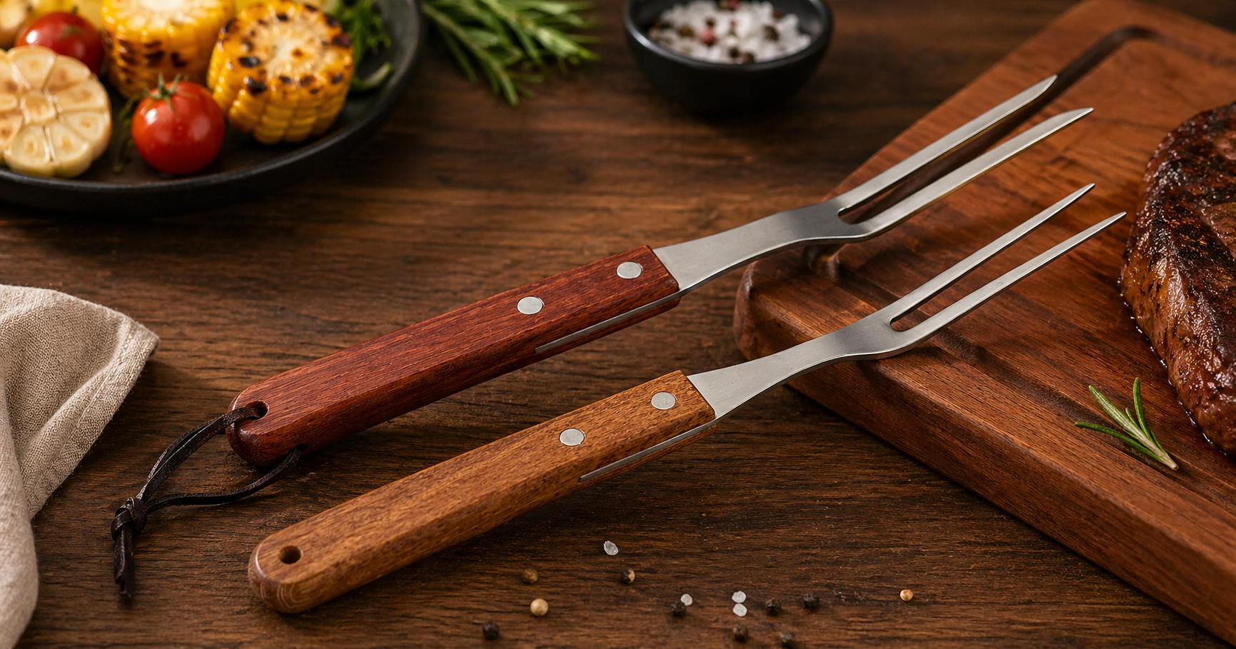 Stainless Steel Carving Fork with Wooden Handle for BBQ and Kitchen
