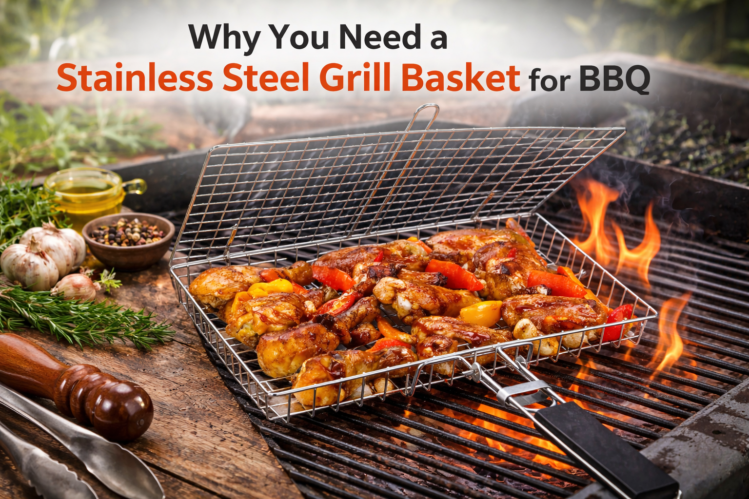 Braai Basket Stainless Grill Flipper with Wooden Handle for BBQ