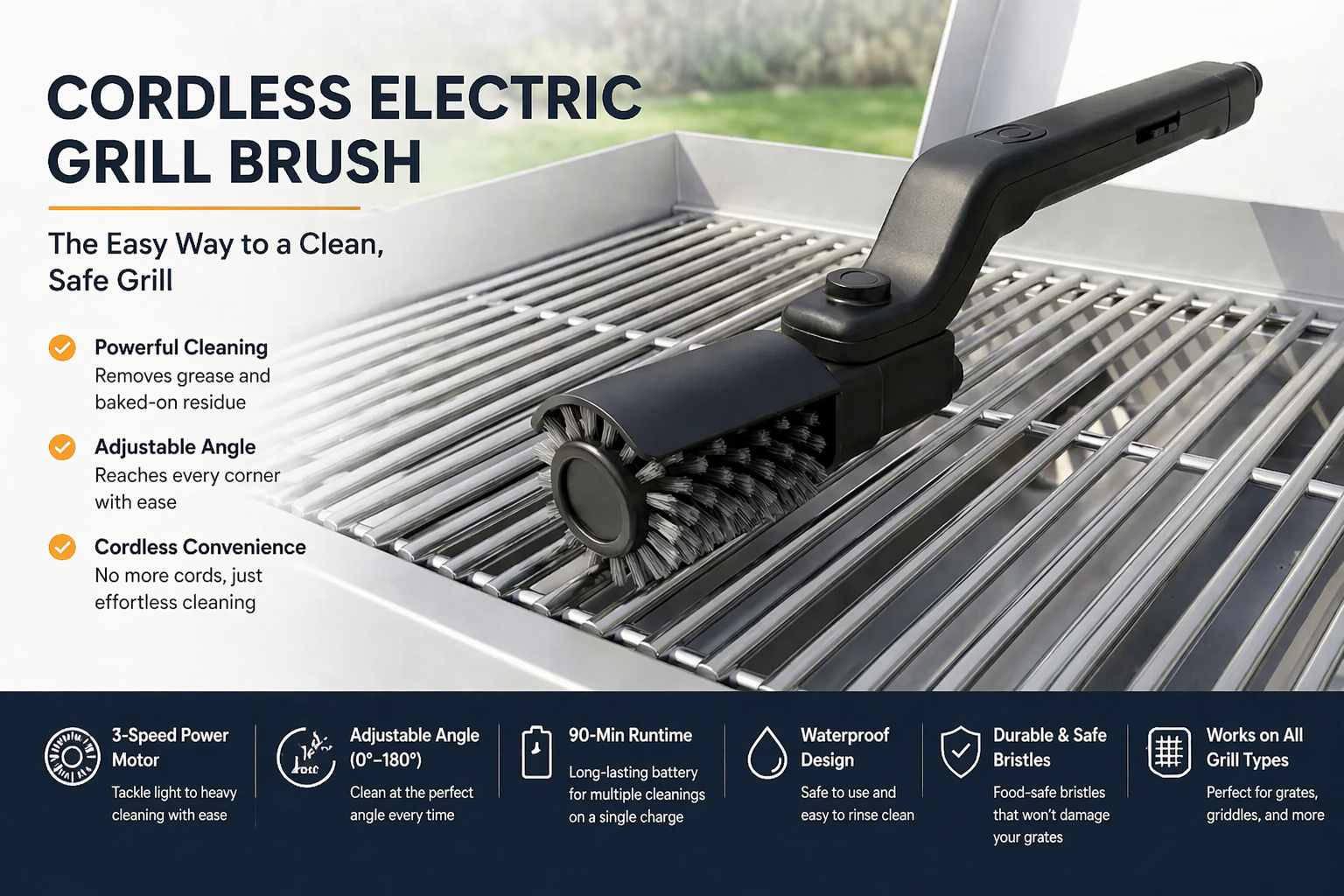 Cordless Electric Grill Brush with Adjustable Angle and Powerful Motor