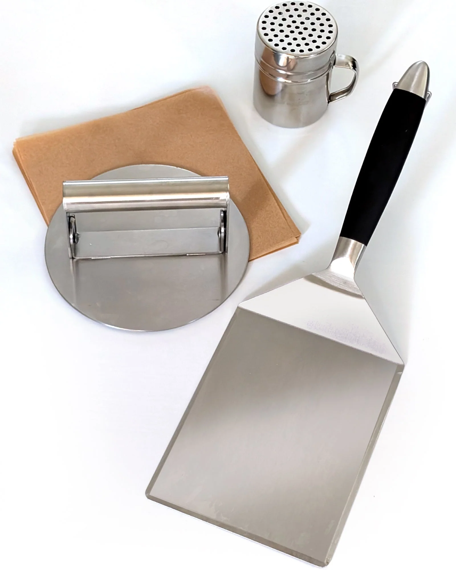 Smash Burger Press Kit with Seasoning Shaker – Stainless Steel Burger Press & Wide Spatula for Griddles, Flat Tops & BBQ