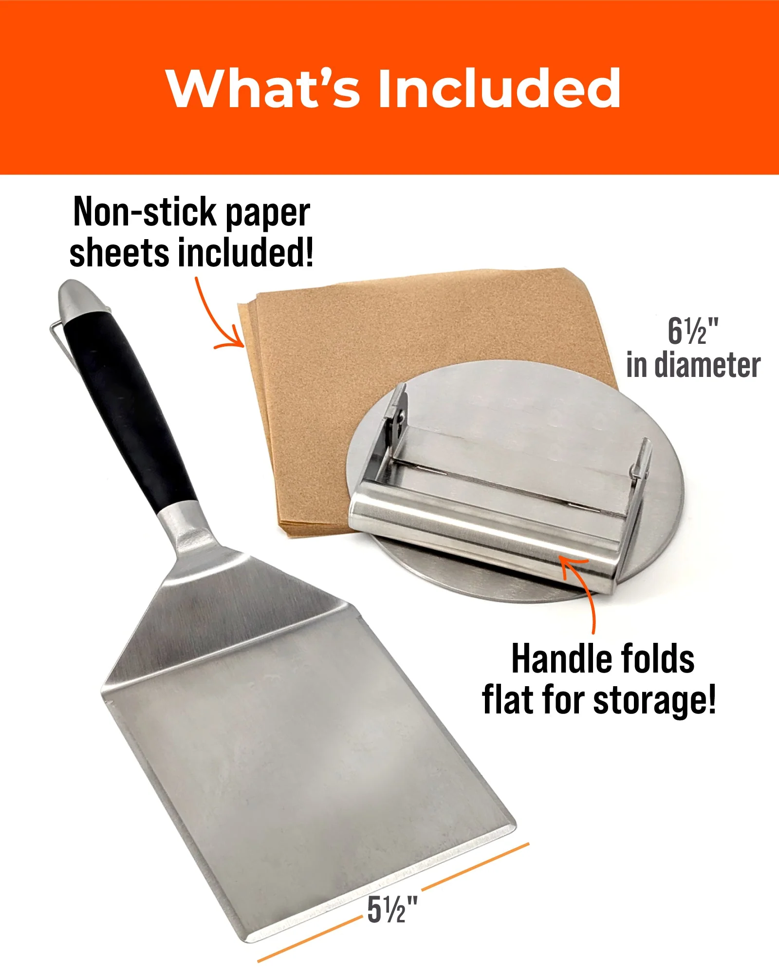 Smash Burger Press Kit – Stainless Steel Burger Press, Wide Spatula & Non-Stick Paper Sheets