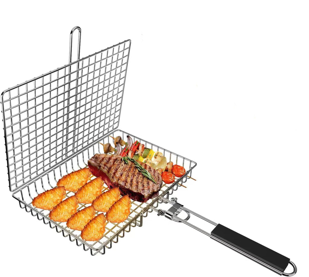 Braai Basket Stainless Grill Flipper W' Wooden Handle