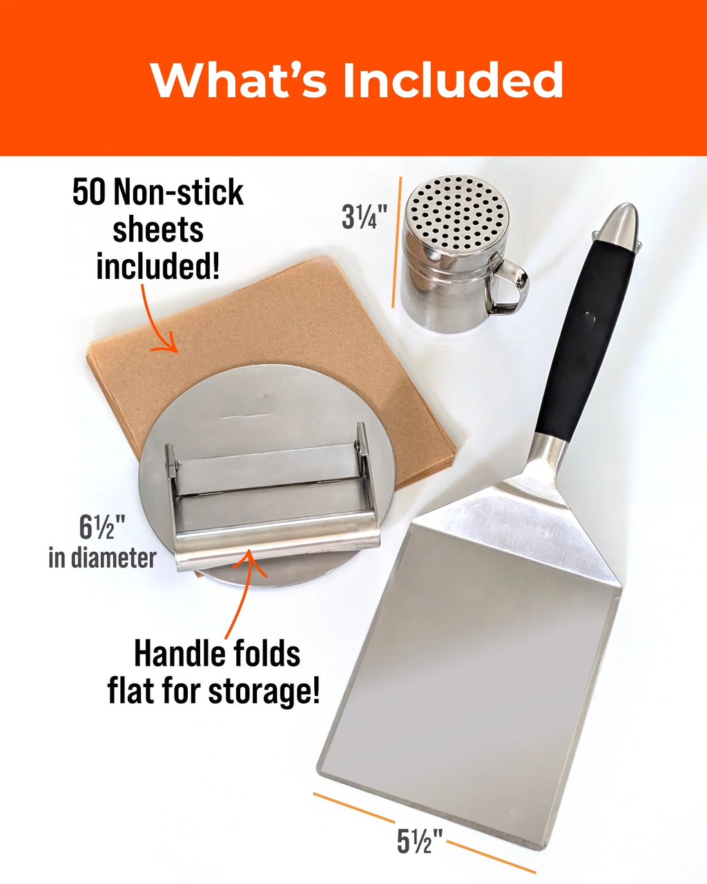 Smash Burger Press Kit with Seasoning Shaker – Stainless Steel Burger Press & Wide Spatula for Griddles, Flat Tops & BBQ