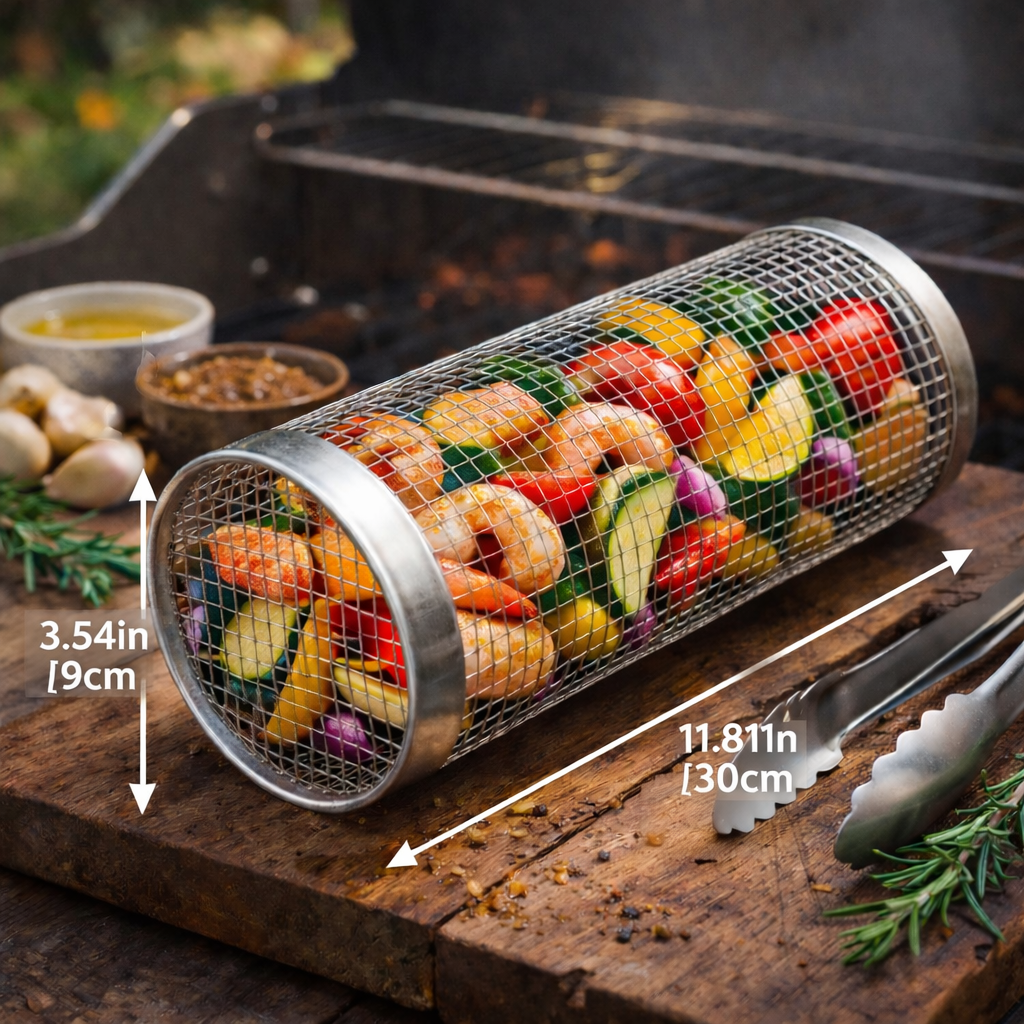 Rolling Grill Basket for Even Cooking – Stainless Steel Mesh Grill Accessory