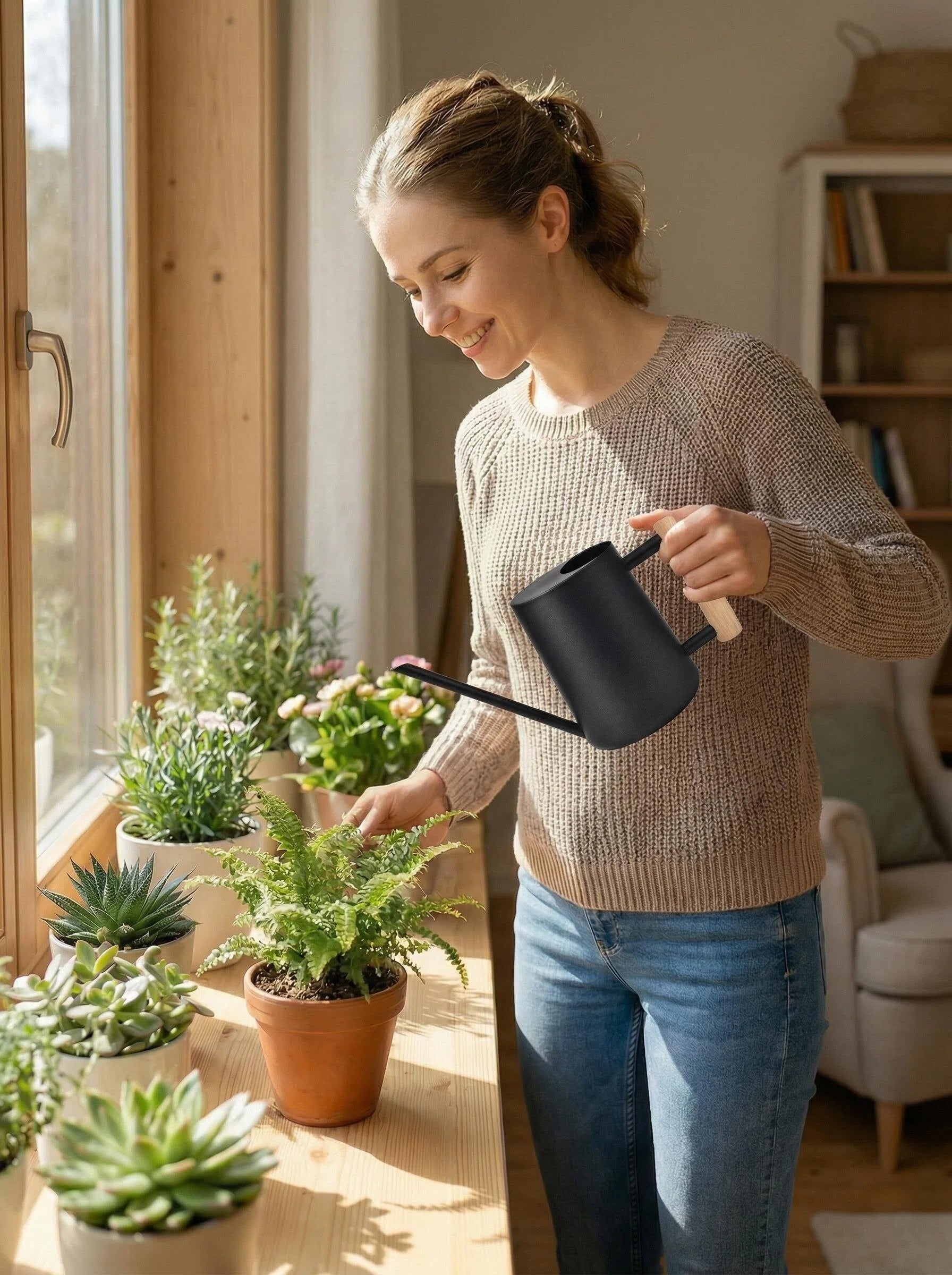 Watering Can for Indoor Plants Stainless Steel Modern Watering Can with Long Spout and Wooden Handle, 35Oz