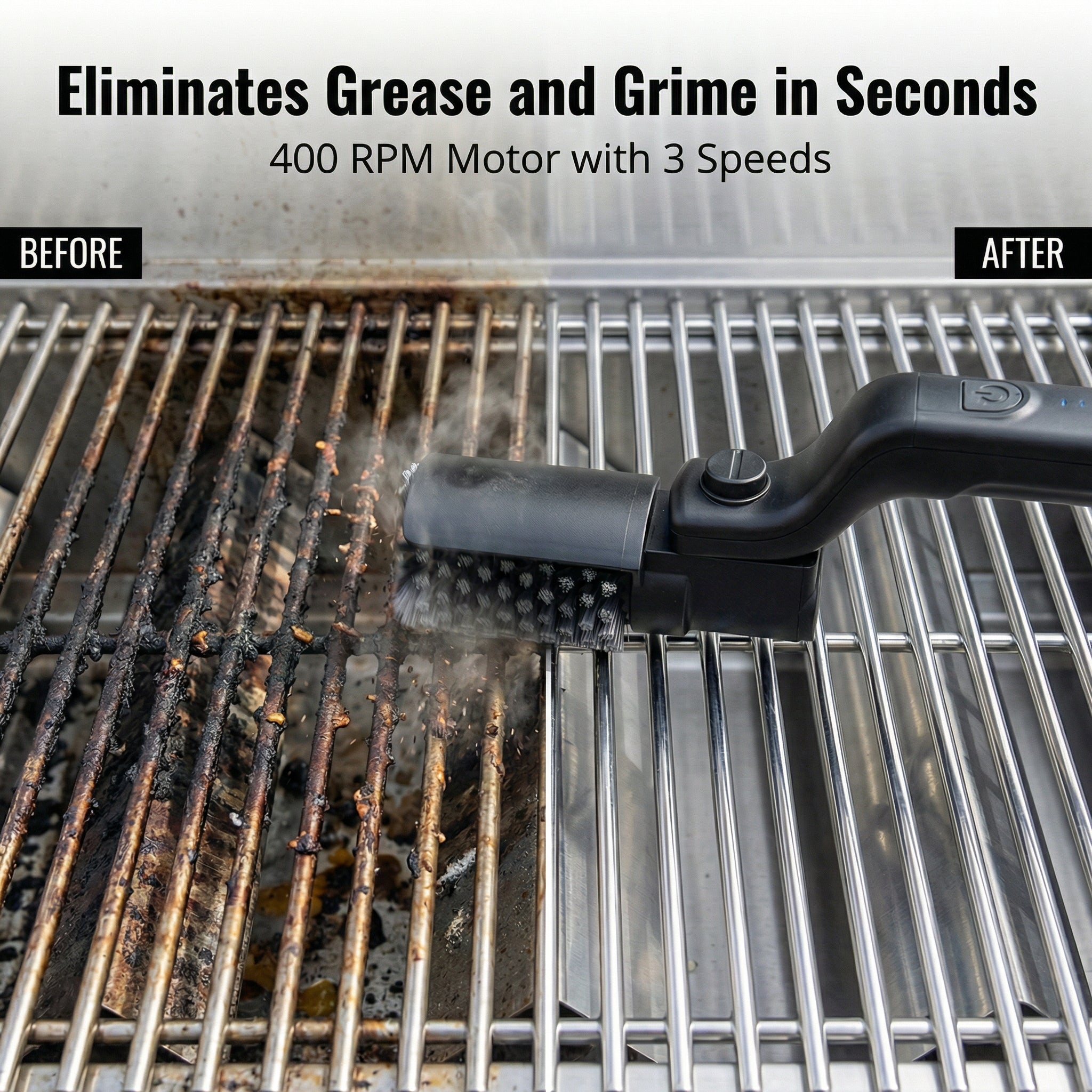 Cordless Electric Grill Brush with Adjustable Angle, 3-Speed Power Motor & Stainless Steel Head - Rechargeable, 90-Min Runtime, Waterproof Grill Cleaner for BBQ Grates & Griddles