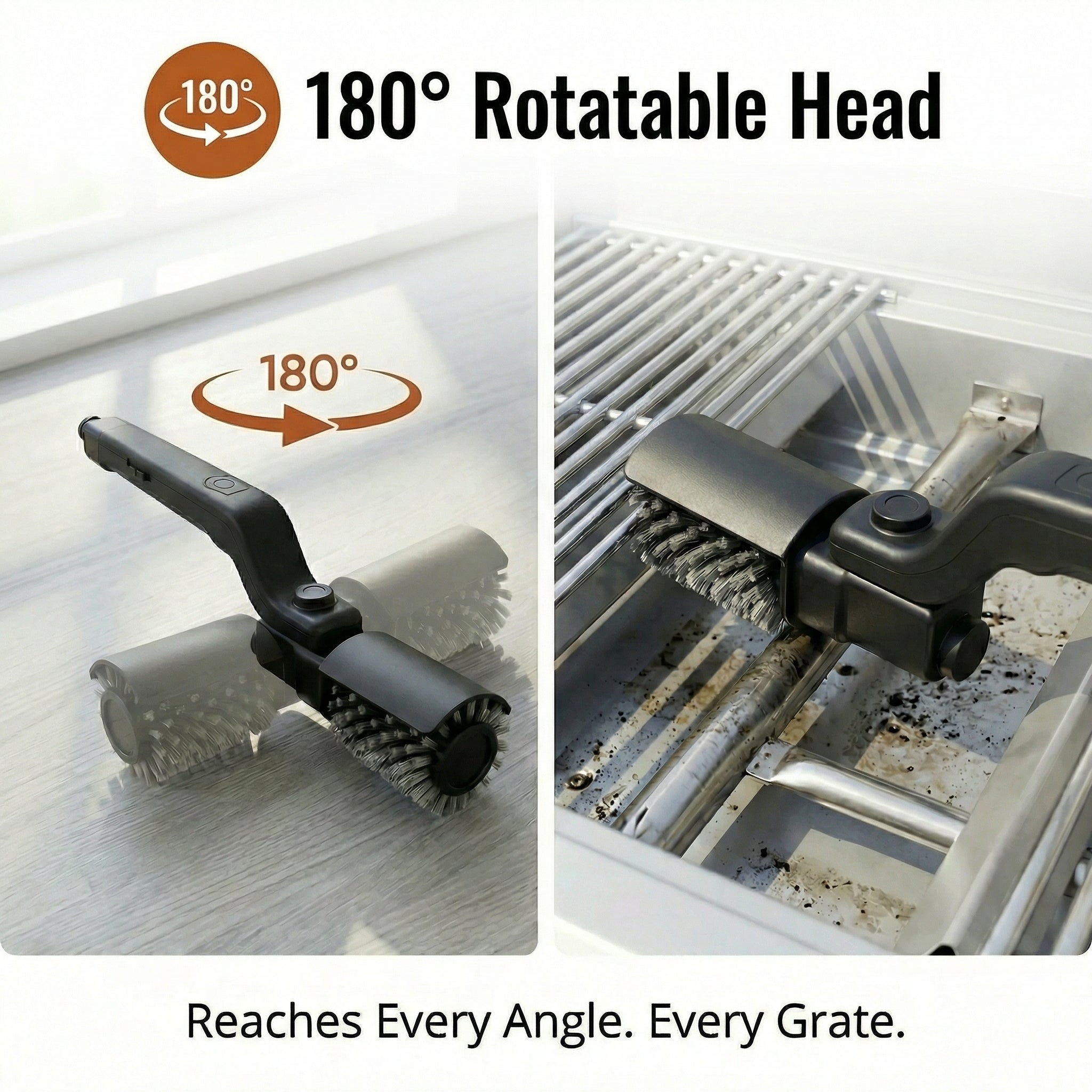 Cordless Electric Grill Brush with Adjustable Angle, 3-Speed Power Motor & Stainless Steel Head - Rechargeable, 90-Min Runtime, Waterproof Grill Cleaner for BBQ Grates & Griddles