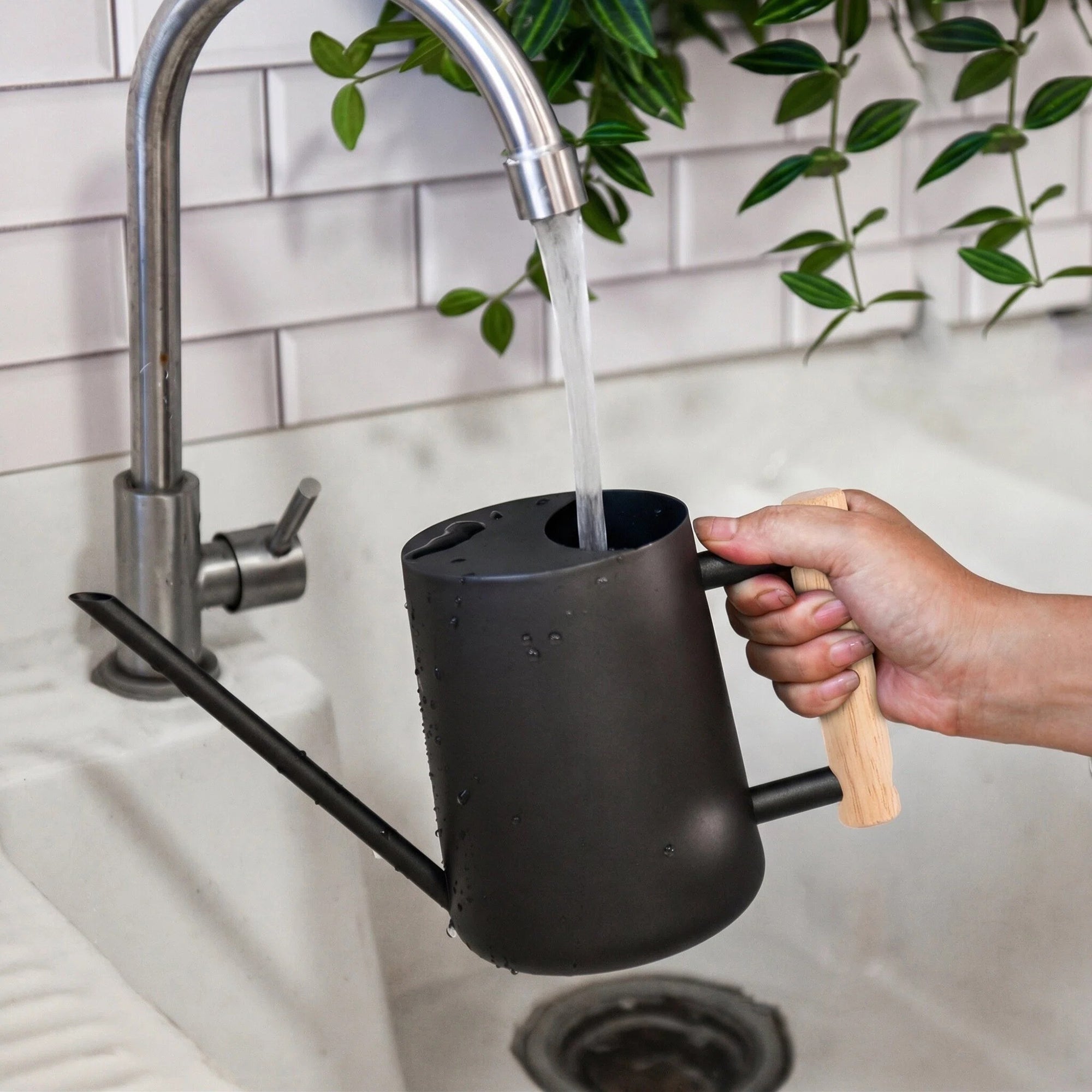 Watering Can for Indoor Plants Stainless Steel Modern Watering Can with Long Spout and Wooden Handle, 35Oz