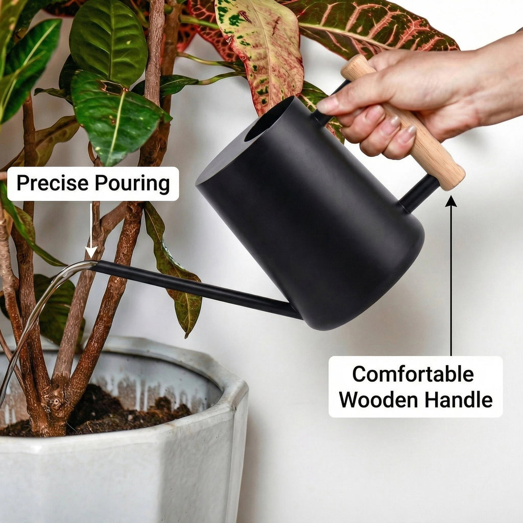 Watering Can for Indoor Plants Stainless Steel Modern Watering Can with Long Spout and Wooden Handle, 35Oz
